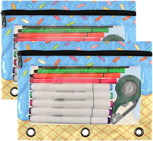 Vista 2 de Estuche para lápices de helado azul para 3 bolsillos para carpetas de anillos, bolsa transparente para lápices con cremallera suave, estuche rojo