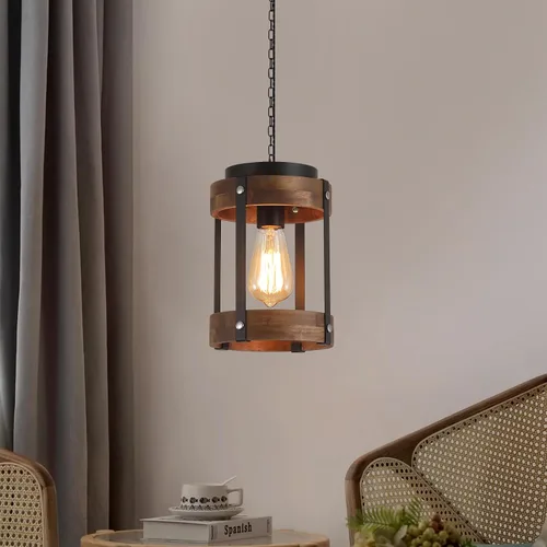 Vista 7 de Lámpara Colgante Rústica de Granja con Enchufe con Cadena Ajustable, Interruptor Regulable, Jaula de Tambor de Madera de Roble y Metal, Mini Lámpara
