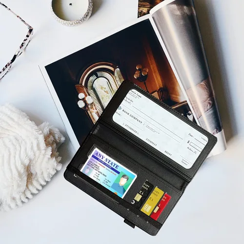 Vista 7 de Funda para chequera para hombres y mujeres, cartera de cuero RFID con ranuras para tarjetas de crédito, soporte de cheques duplicados personales