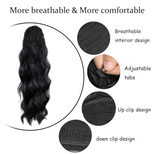 Vista 5 de KETHBE Extensión de pelo para cola de caballo de 24 pulgadas con onda corporal, sintética, resistente al calor, con cordón envolvente, rizada