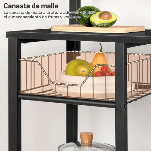 Vista 7 de HOOBRO Estante de Panadero de Cocina con Toma de Corriente, Barra de Café, Soporte para Horno de Microondas con Canasta de Malla, Estación de Café