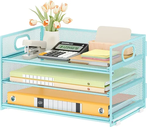Vista 23 de SUBEKYU 2 paquetes de organizador de bandejas de cartas de 3 niveles para escritorio, organizador clasificador de archivos de malla metálica negra