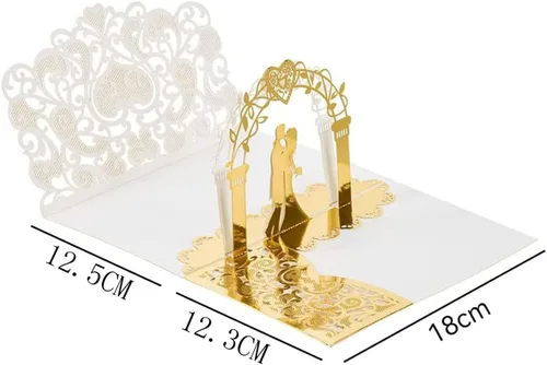 Vista 3 de NC Paquete de 10 invitaciones de boda desplegables en 3D doradas, elegantes tarjetas de aniversario de diseño de novia y novio para celebraciones
