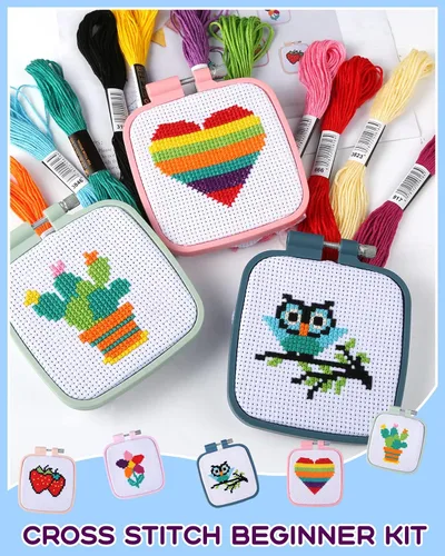 Vista 4 de Pllieay 5 kits de punto de cruz para principiantes para niños de 7 a 13 años, incluye 5 proyectos estampados y 5 aros de bordado cuadrados, 11