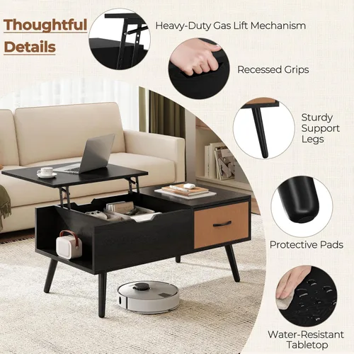 Vista 5 de Yaheetech Mesa de centro elevable para sala de estar, mesas centrales pequeñas de madera con gran cajón de almacenamiento y compartimento oculto