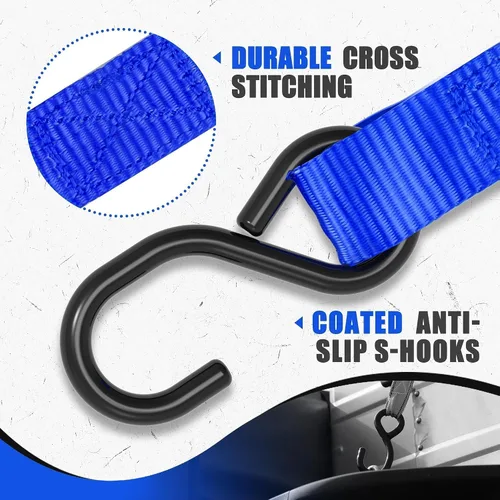 Vista 3 de AWELCRAFT Paquete de 4 correas de trinquete, correas de trinquete de 1 pulgada x 15 pies, resistencia a la rotura de 1500 libras con gancho en S, 4