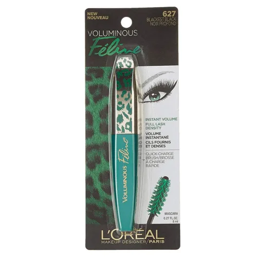 Vista 6 de Máscara de pestañas lavable Voluminous Feline de L'Oréal Paris, 0.27 onzas líquidas Negro más negro