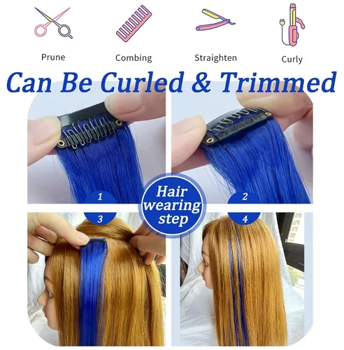 Vista 3 de 12 extensiones de cabello azul con clip en reflejos de 20 pulgadas, extensiones de cabello lacio de color liso con clip para mujer, peluca arcoíris