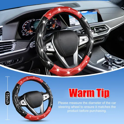 Vista 5 de SuperKaKa Funda para volante negra y roja, accesorios de interior de automóvil de estilo diamante con brillo lindo y cómodo, protector brillante que