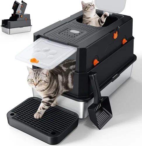 Vista 11 de FURTIME Pequeña caja de arena de acero inoxidable con tapa para gatito, caja de arena cerrada de metal para gatos pequeños, caja de gato con caja
