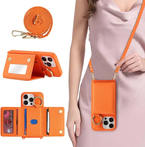 Vista 37 de Funda para iPhone 14 con tarjetero y correa para mujer, cordón cruzado, espejo de maquillaje, soporte de anillo, cierre a presión, bonitas fundas