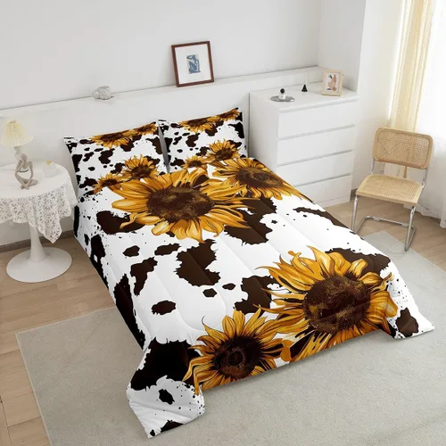 Vista 5 de Juego de edredón con estampado de vaca marrón para niñas y niños, edredón de plumón de piel de vaca de las tierras altas, ropa de cama de piel