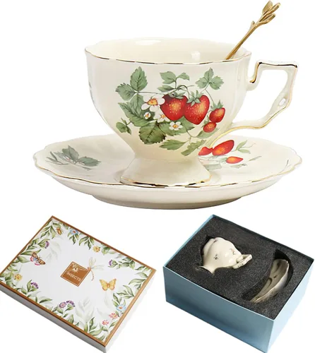 Vista 12 de Juego de taza de té y platillo de porcelana, taza de café de cerámica de 8.5 onzas líquidas con platillo y cuchara, taza de café vintage con ribete