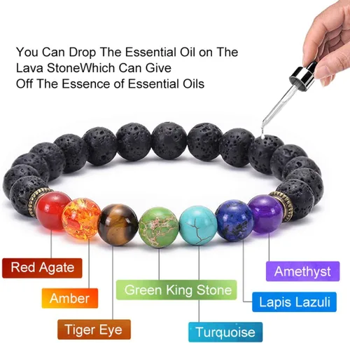 Vista 5 de Brazalete GelConnie de piedras de lava, 7 chakras, 0.32 pulgadas, piedra natural, para curación, alivio del estrés, yoga, ansiedad, aromaterapia