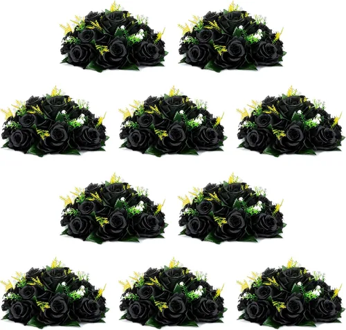 Vista 36 de NUPTIO Rosas Artificiales Negras Flores: Ramo de Flores Falsas Decoraciones de Halloween - 15 Cabezas Centros de Mesa de Rosas Artificiales con Base