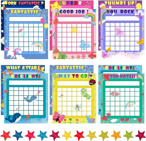 Vista 7 de 100 calcomanías gráficas para niños, tabla de recompensas de incentivos para niños en 10 diseños con 2800 mini calcomanías de estrellas, borrado