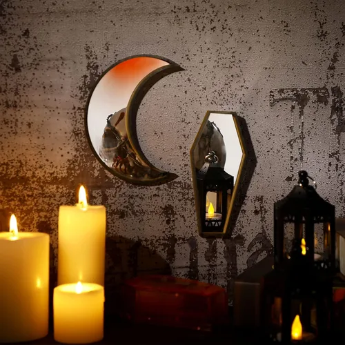 Vista 4 de Marsui 2 piezas pequeño ataúd luna espejo lindo gótico decoración de habitación espeluznante espejo gótico decorativo rústico negro decoración