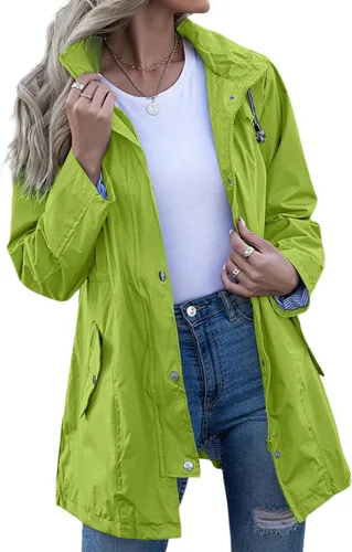 Vista 13 de Kikibell Chaqueta de lluvia para mujer con capucha, con forro a rayas, ligera, impermeable para exteriores, cortavientos Verde militar