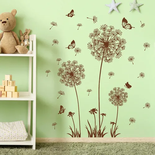 Vista 3 de Calcomanías de pared extraíbles 3D de diente de león, flores y mariposas voladoras, murales autoadhesivos, despegar y pegar, decoración de dientes