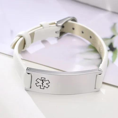 Vista 62 de MPRAINBOW Pulsera de alerta médica personalizada para mujer, correa de reloj de cuero genuino, grabado de doble cara, diabetes, epilepsia, joyería