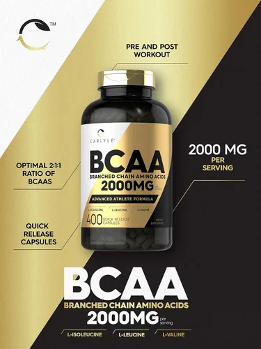 Vista 3 de Carlyle BCAA Cápsulas 2000 mg 400 píldoras en polvo Mezcla de suplemento de aminoácidos para mujeres y hombres con L-isoleucina