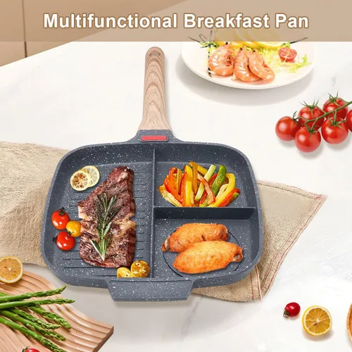 Vista 2 de Sartén Seccional, Sartenes de Parrilla para Estufas Antiadherentes de 3 Secciones Sartén para Desayuno Sartén para Comidas Plancha Sartén Dividida