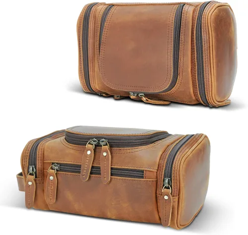 Vista 9 de Polare - Neceser de cuero de grano completo, kit de afeitado, estuche de viaje, bolsa de lavado con cremalleras YKK A- marrón oscuro
