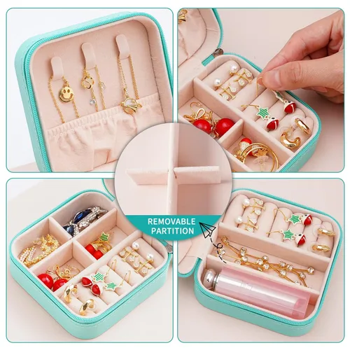 Vista 4 de Mini caja de joyería portátil de viaje de cuero organizador de anillos de joyería caja de regalo para niñas y mujeres azul