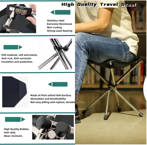 Vista 2 de Taburete portátil para acampar con bolsillo lateral, asiento de campamento de 12.5 pulgadas, plegable, cómodo, ampliación para viajes, camping