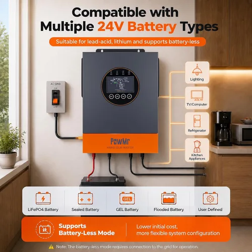 Vista 3 de PowMr Inversor solar híbrido de 4000 W, 24 V CC a 120 V CA, inversor de corriente de onda sinusoidal pura con controlador de carga MPPT de 100 A
