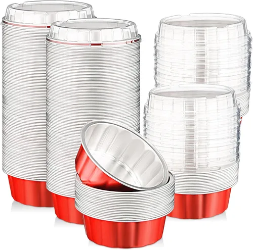 Vista 11 de Tessco for you 200 moldes desechables con tapas, 8 onzas, Ramekin Creme Brulee Ramekin, papel de aluminio, para cupcakes, para hornear, San plateado