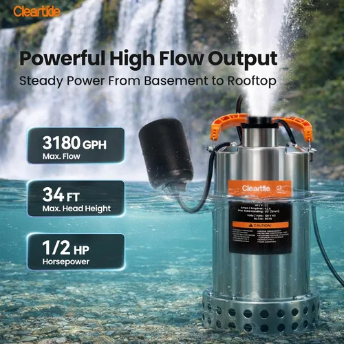 Vista 2 de Cleartide Bomba de sumidero de agua sumergible de acero inoxidable con interruptor de flotador, 1/2 HP, 3060 GPH ideal para piscina, patio, bodega