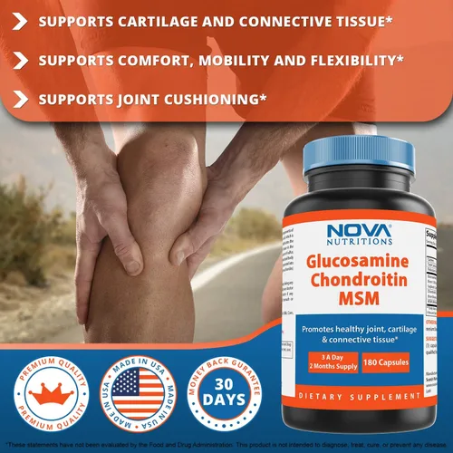 Vista 3 de Nova Nutritions Triple fuerza glucosamina condroitina MSM 2600 mg/cápsulas para servir, apoya articulaciones saludables, cartílago y tejido