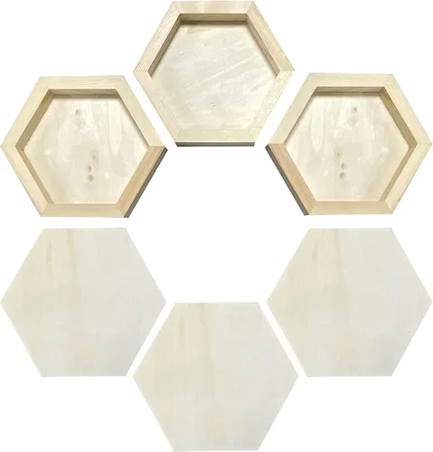 Vista 4 de 6 paneles de pintura hexagonal de madera sin terminar de 6 x 7 pulgadas para manualidades, paneles de lona de madera en blanco para verter arte