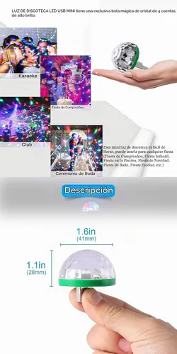 Vista 4 de Luces USB para fiesta, mini bola de discoteca, pequeña bola mágica, control de sonido, luz de escenario de DJ, lámpara estroboscópica RGB colorida