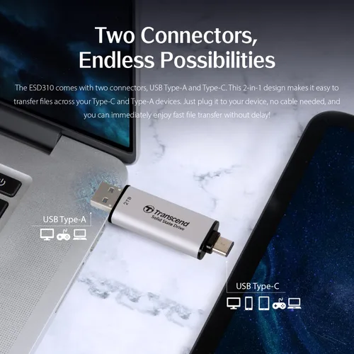 Vista 2 de Transcend ESD310 SSD externo de 1 TB, hasta 1,050 MB/s, unidad USB dual para iPhone17,16,15, iPad y Mac/Pixel10/Tesla/Steam Deck/ROG Ally/MSI Gris