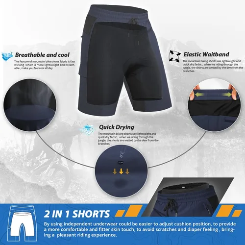 Vista 2 de Hiauspor Pantalones cortos acolchados para bicicleta de montaña para hombre, ajuste holgado, secado rápido, pantalones cortos de ciclismo