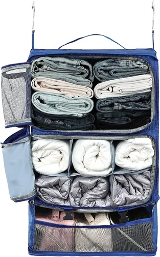 Vista 16 de Surblue Bolsa de Almacenamiento para Viaje con Estantes Colgantes, Cubo de Empaque de Compresión para Maleta Plegable con Capa Extensible de Gran