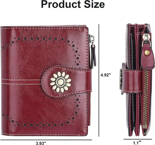 Vista 4 de Lavemi Cartera de cuero para mujer, pequeña, compacta, con bloqueo RFID, con bolsillo con cremallera