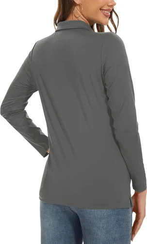 Vista 2 de TACVASEN Polo de manga larga para mujer, con protección solar UV, SPF para exteriores, manga larga, 3 botones, secado rápido, para golf