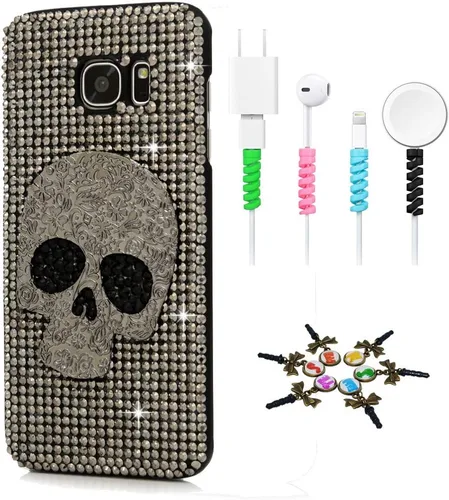 Vista 12 de Sparkle Funda compatible con Samsung Galaxy J2 Prime – Elegante funda 3D hecha a mano con diseño de calavera grande con protector de cable