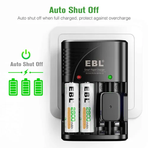 Vista 12 de EBL Paquete de 4 baterías AA recargables, batería doble A precargada de 2800 mAh y cargador de batería AA AAA con enchufe de pared plegable