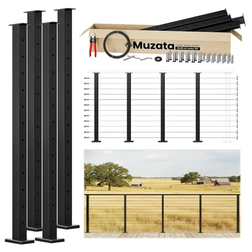 Vista 19 de Muzata Kit de barandilla de cable modular negro de 4 a 8 pies, kit de postes de 42 pulgadas, juego completo de sistema de barandilla de cable