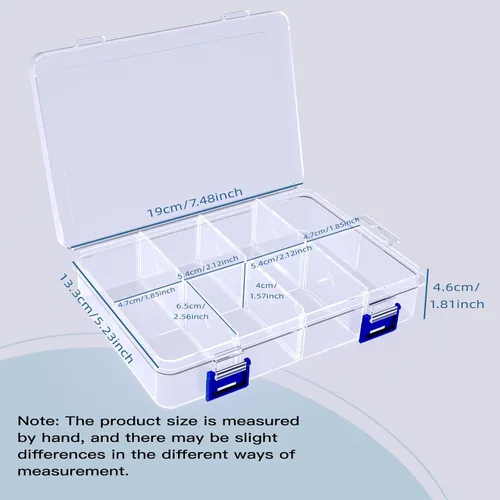 Vista 5 de 2 cajas de almacenamiento de plástico transparente de 8 rejillas con divisores ajustables, apilables, 8 compartimentos, caja organizadora pequeña