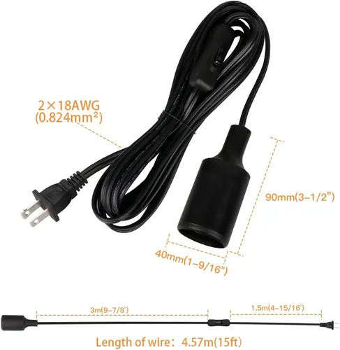Vista 2 de Cable de luz colgante de 15 pies con enchufe, cable de extensión negro E26 Plug In Pendant Light Socket, Light Bulb Socket With On Off Switch, E27