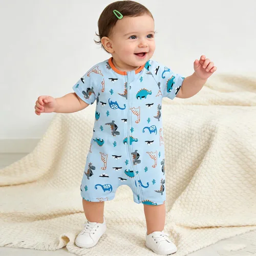 Vista 4 de MYGBCPJS Pijama de algodón de manga corta para bebés, niños y niñas, con cremallera, trajes de verano