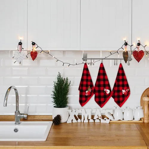 Vista 7 de MCEAST Paquete de 3 toallas de mano navideñas de 14 x 25 pulgadas, toallas de algodón bordadas, toallas de baño navideñas rojas y negras a cuadros