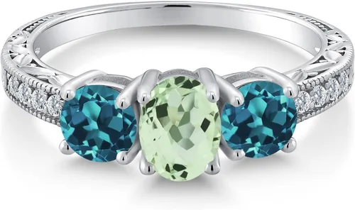 Vista 3 de Anillo de plata de ley 925 de 1,87 quilates con topacio azul ovalado y plata de ley 925 de 3 piedras para mujer