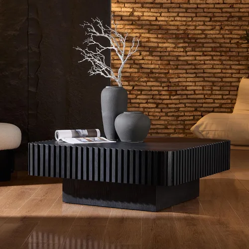Vista 4 de WILLIAMSPACE Mesa de café cuadrada de 35.43" con base resistente, mesa de centro de tambor de madera moderna y lujosa, mesa auxiliar de acento