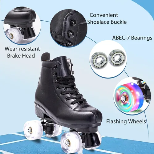 Vista 2 de Patines para mujer y hombre de caña alta en negro, de cuero sintético clásico, patines de doble fila ajustables para interiores y exteriores